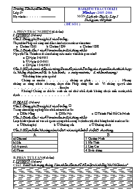 Đề kiểm tra cuối kỳ 1 môn Lịch sử, Địa lý Lớp 5 - Năm học 2015-2016 - Trường TH Kim Đồng